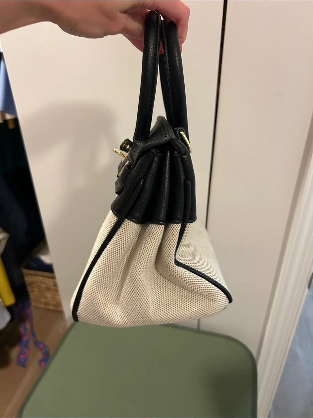 Black & Cream Leather-Trim Tote Handbag